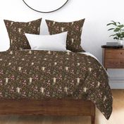 Cow Skulls on Dark Brown, Pink Roses, Floral, Trendy Bedding, Ranch Bedroom
