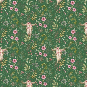 Cow Skulls on Green with Bright Pink Flowers, Country Wildflowers, Cowgirl pattern