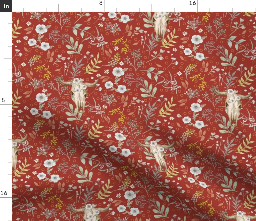 Cow Skulls on Bard Red, White Roses, Southwest Floral, Medium Scale