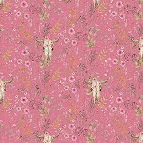 Cow Skulls on Bright Pink, Pink Roses, Girl Country Western Pattern