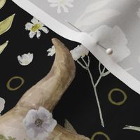 Cow Skulls on Black, White Roses Wildflowers, Farmhouse Large Scale