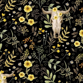 Cow Skulls, Yellow Wildflowers, Flowers on Black, Large Scale