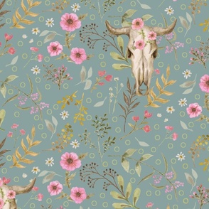 Cow Skulls Pink Flowers on Teal Blue, Floral Large Scale Wester Girl Fabric