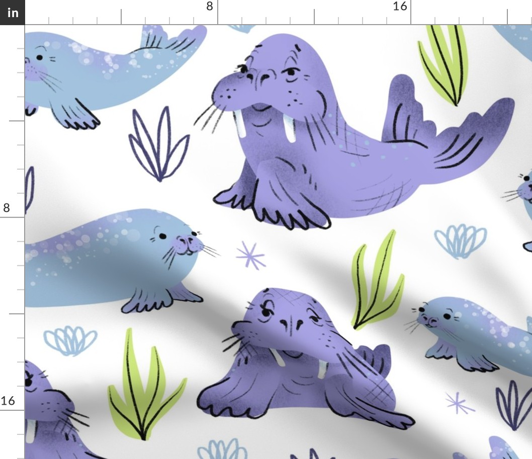 Large - Walruses and Seals and Plants - White 
