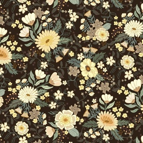Penelope boho floral wilderness  - earthy flowers on chocolate brown - large