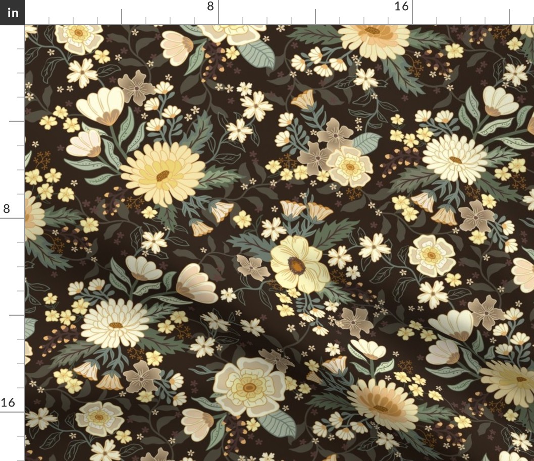 Penelope boho floral wilderness  - earthy flowers on chocolate brown - large