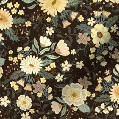 Penelope boho floral wilderness  - earthy flowers on chocolate brown - medium