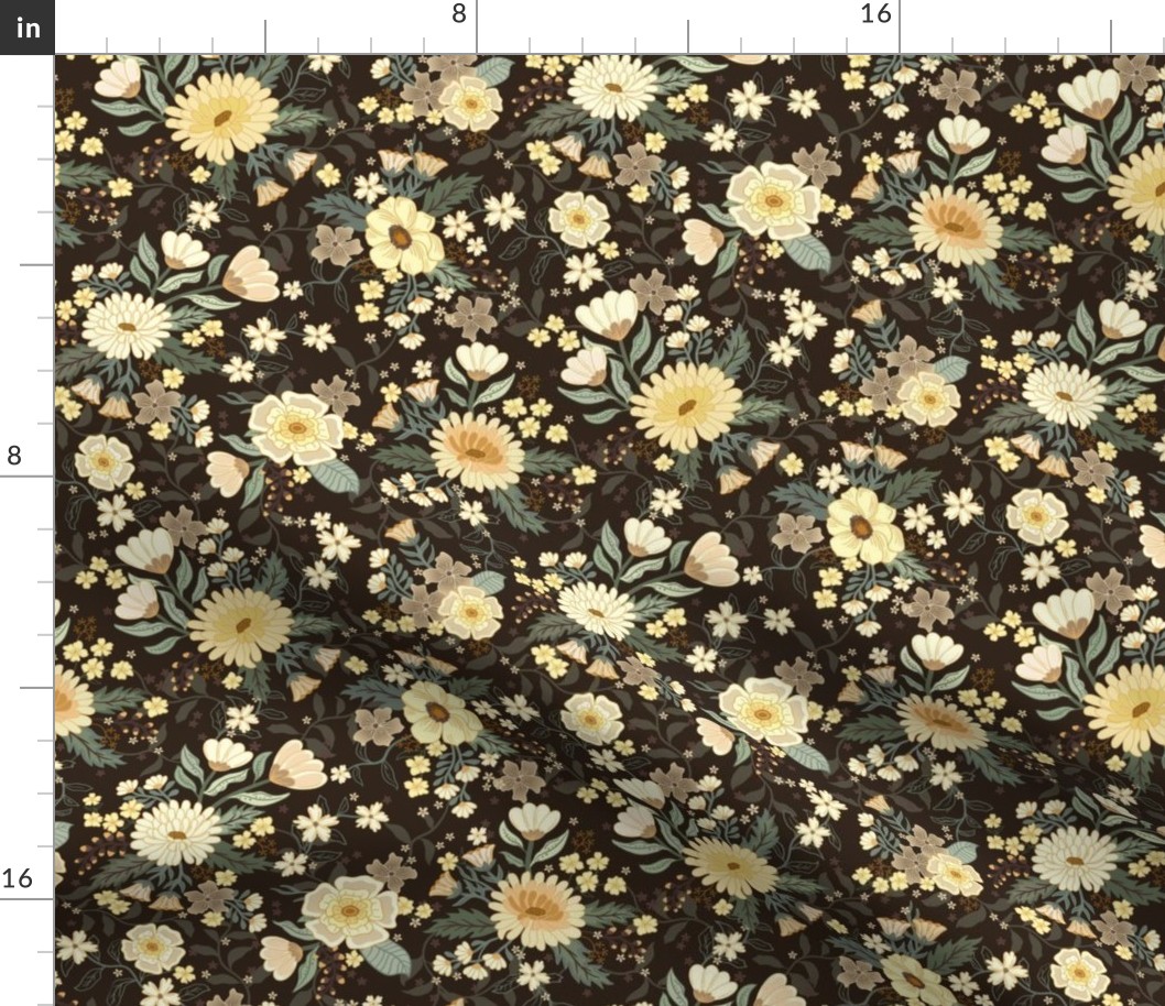 Penelope boho floral wilderness  - earthy flowers on chocolate brown - medium