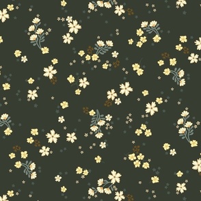 Penelope ditsy boho floral wilderness - petite earthy floral on dark olive green - large