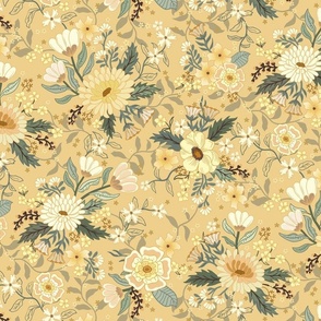 Penelope boho floral wilderness  - earthy flowers on creamy flax yellow - large