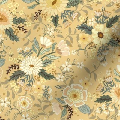 Penelope boho floral wilderness  - earthy flowers on creamy flax yellow - medium