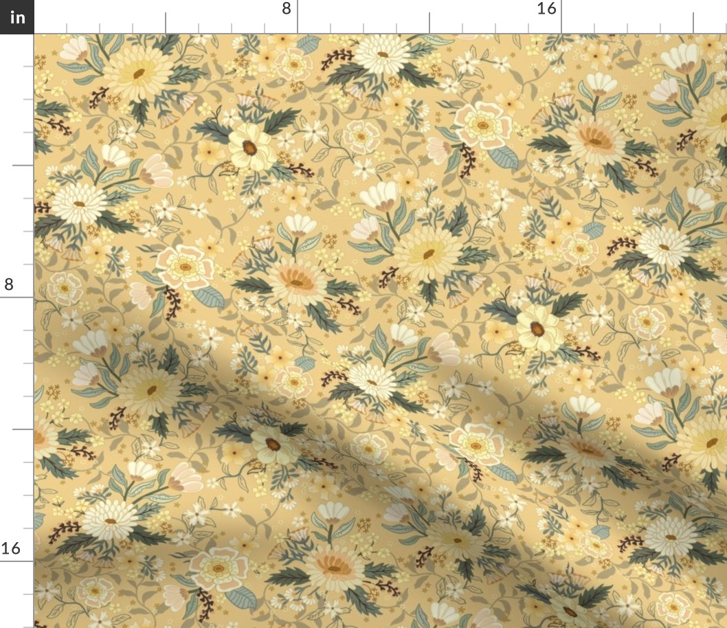 Penelope boho floral wilderness  - earthy flowers on creamy flax yellow - medium