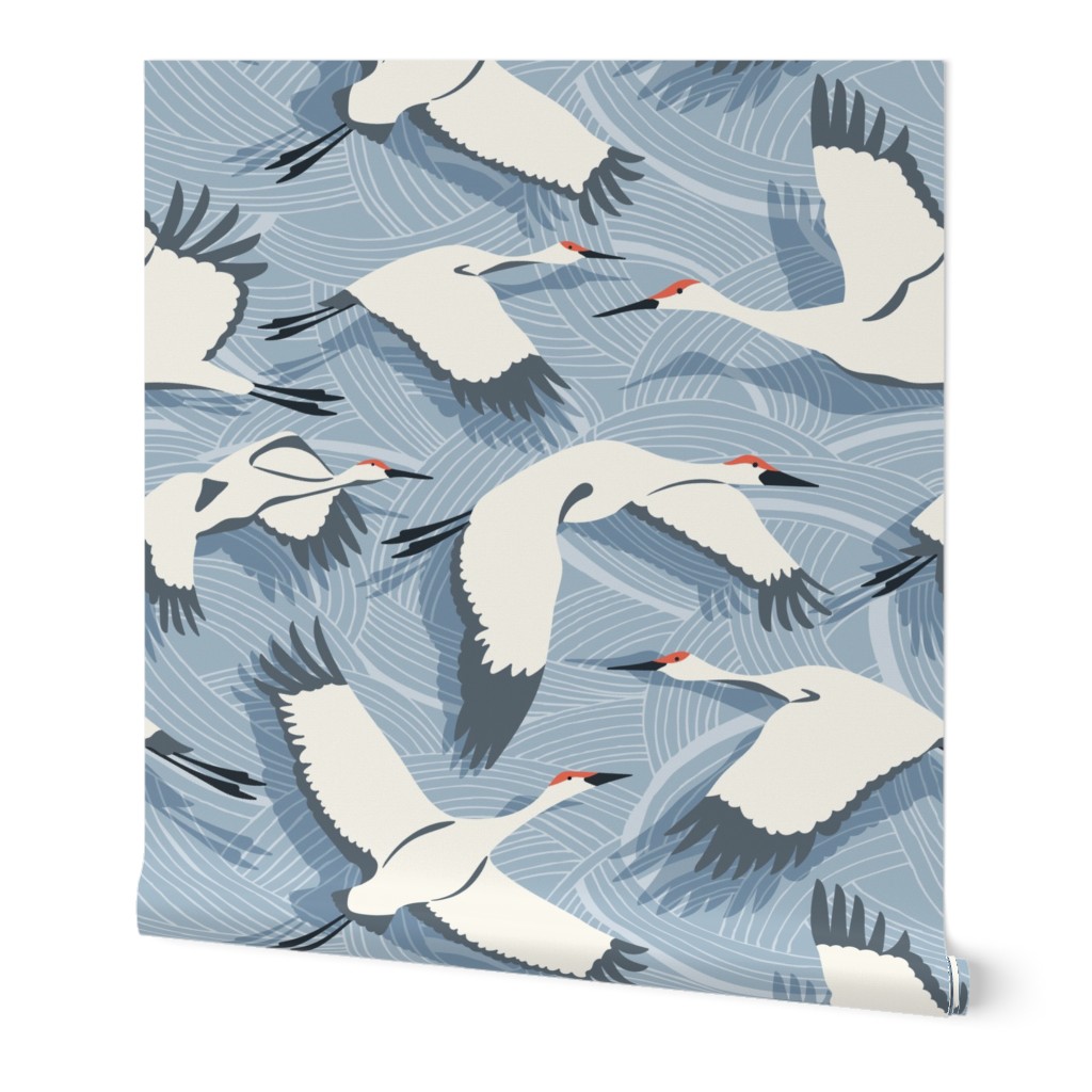 Majestic Migration Cranes Sky Blue Large Scale