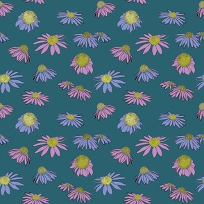Pastel echinacea floral pattern steel blue background