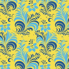 Blue flowers on yellow