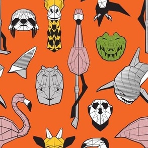 Small scale // Summery Geometric Animals // burnt orange background black and white grey green yellow and pink blush flamingos hippos giraffes sharks crocs sloths meerkats and toucans 