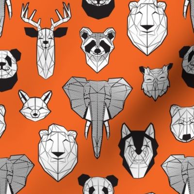 Small scale // Friendly Geometric Animals // burnt orange background black and white deers bears foxes wolves elephants raccoons lions owls and pandas 