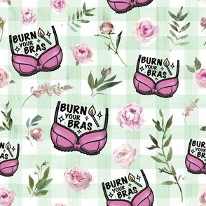 small scale burn your bra pink floral green gingham