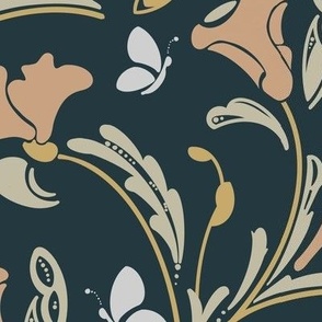 [Large] Baroque Flowers and butterflies on dark blue