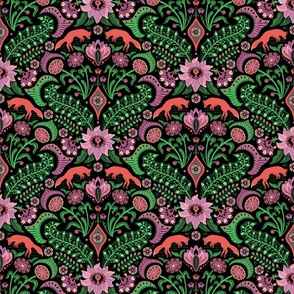 Jumping foxes maximalist folk floral damask - peony, coral and grass on black - medium