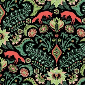 Jumping foxes maximalist folk floral damask - citrine, coral and green on black - large