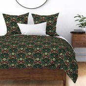 Jumping foxes maximalist folk floral damask - citrine, coral and green on black - medium