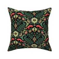 Jumping foxes maximalist folk floral damask - citrine, coral and green on black - medium