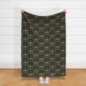 Jumping foxes maximalist folk floral damask - citrine, coral and green on black - medium