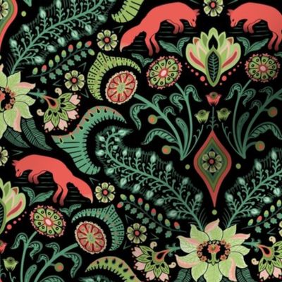 Jumping foxes maximalist folk floral damask - citrine, coral and green on black - medium