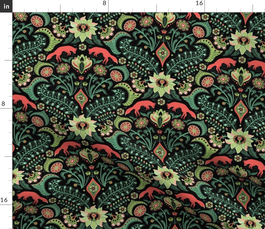 Jumping foxes maximalist folk floral damask - citrine, coral and green on black - medium