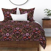 Jumping foxes maximalist folk floral damask - gold, coral and purple on black - large