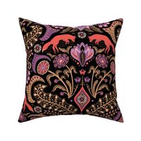 Jumping foxes maximalist folk floral damask - gold, coral and purple on black - large