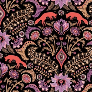 Jumping foxes maximalist folk floral damask - gold, coral and purple on black - large