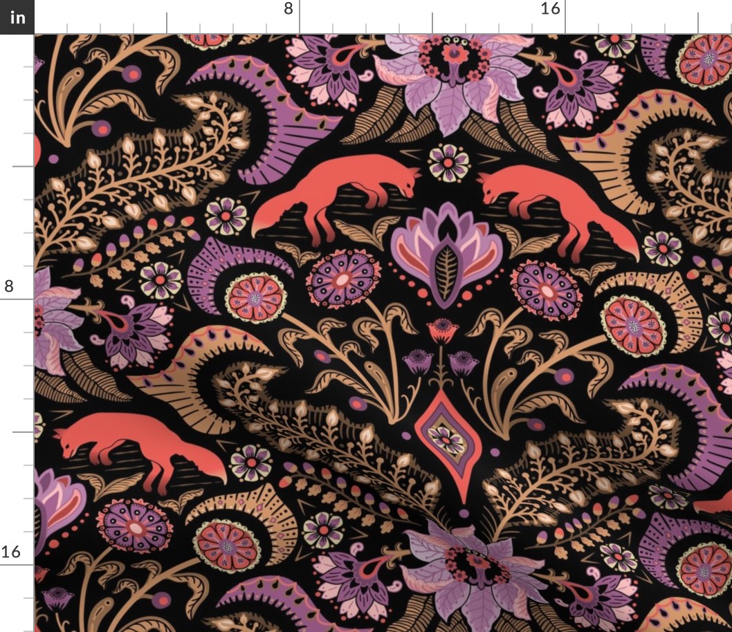 Jumping foxes maximalist folk floral damask - gold, coral and purple on black - large