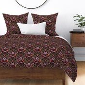 Jumping foxes maximalist folk floral damask - gold, coral and purple on black - medium