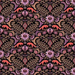 Jumping foxes maximalist folk floral damask - gold, coral and purple on black - medium