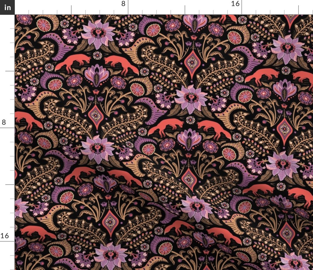Jumping foxes maximalist folk floral damask - gold, coral and purple on black - medium