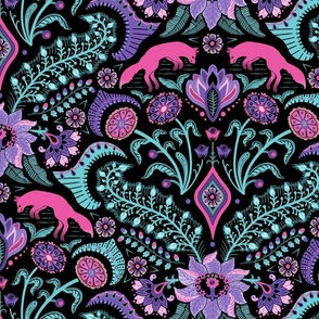 Jumping foxes maximalist folk floral damask - pink, purple and aqua blue on black - large