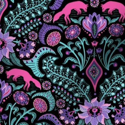 Jumping foxes maximalist folk floral damask - pink, purple and aqua blue on black - medium
