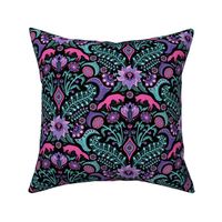 Jumping foxes maximalist folk floral damask - pink, purple and aqua blue on black - medium