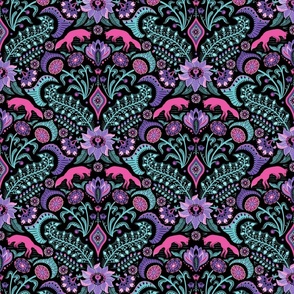 Jumping foxes maximalist folk floral damask - pink, purple and aqua blue on black - medium