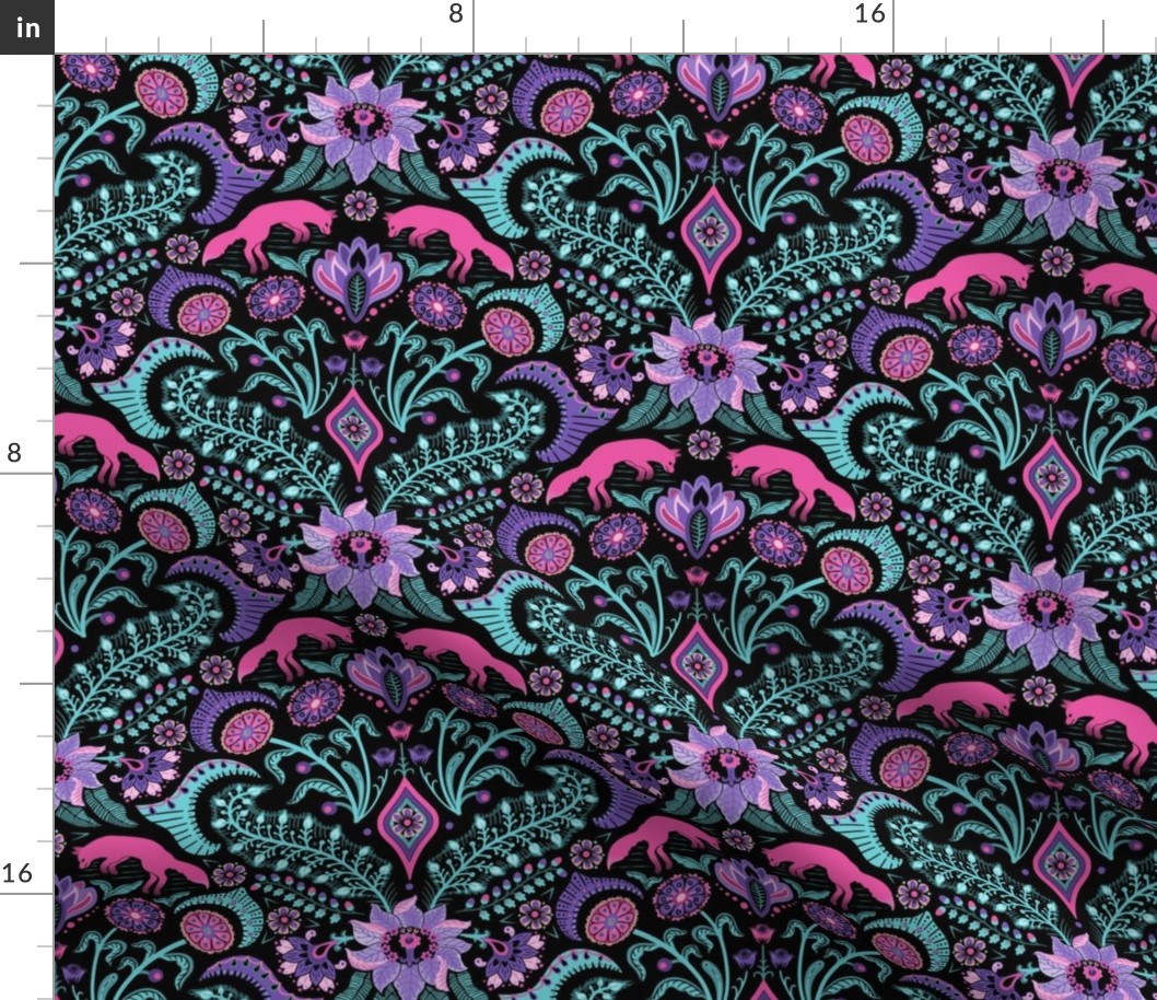 Jumping foxes maximalist folk floral damask - pink, purple and aqua blue on black - medium