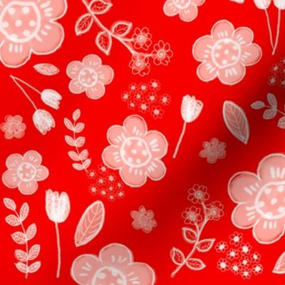 White floral on red