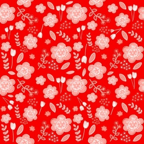 White floral on red