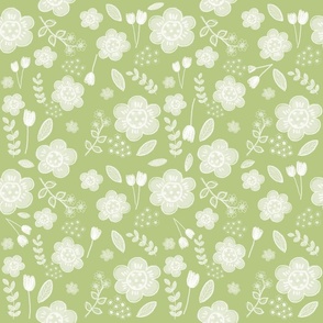 White floral on green