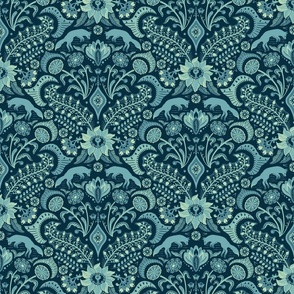 Jumping foxes maximalist folk floral damask - cyan blue, duck egg and  light lemon  - medium