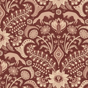 Jumping foxes maximalist folk floral damask - earthy light terracotta clay  - large