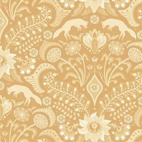 Jumping foxes maximalist folk floral damask - classic flax, soft monochrome yellow - large