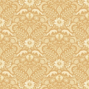 Jumping foxes maximalist folk floral damask - classic flax, soft monochrome yellow  - medium