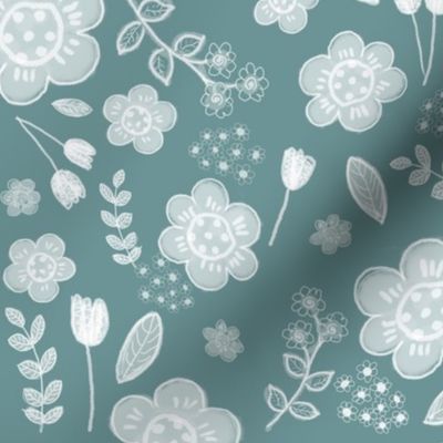 White floral on grey blue